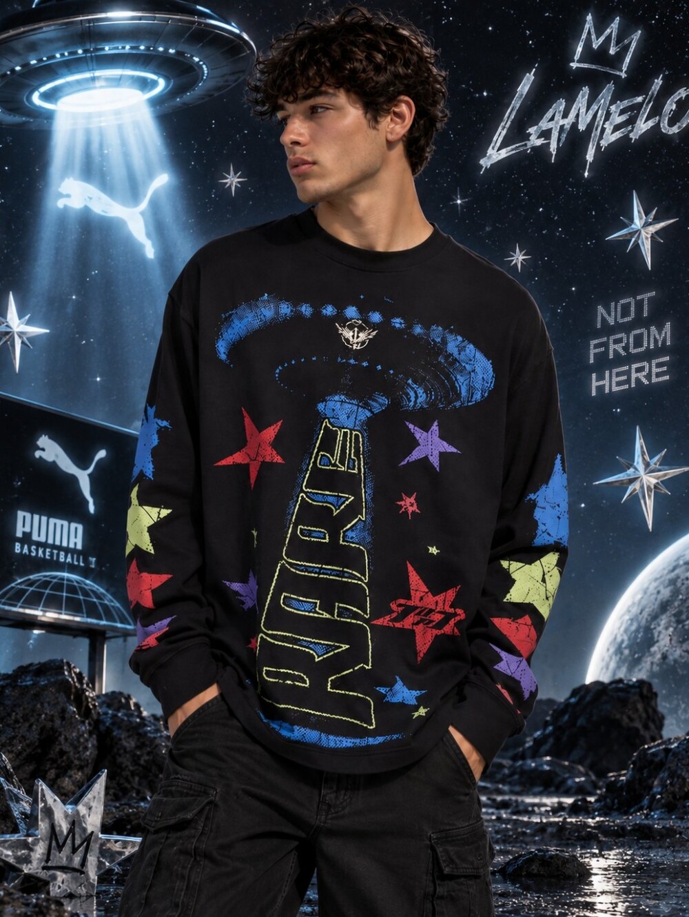 Puma LaMelo "Not From Here" UFO Graphic Long Sleeve Shirt Y2K Streetwear Large